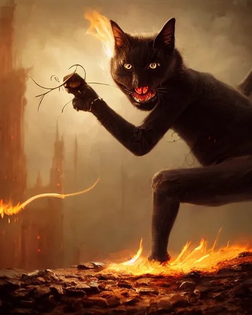 Image similar to oil painting of Anthropomorphized dark Cat Magician casting fire magic spell, evil, glowing eyes, sharp focus, fantasy style, octane render, volumetric lighting, 8k high definition, by greg rutkowski, highly detailed, trending on art Station, magic the gathering artwork, very dark steampunk city backround, centered