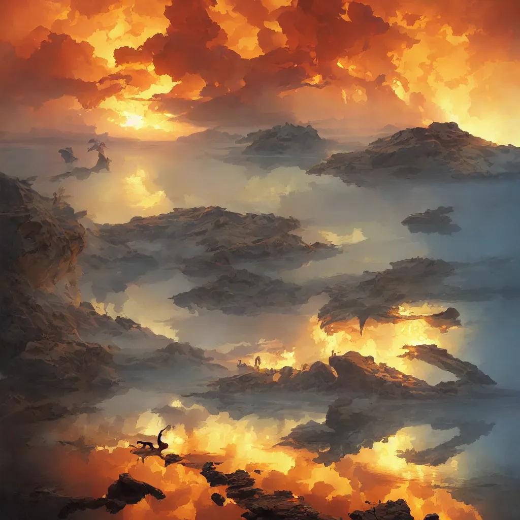 Prompt: lake, gold molten, by greg rutkowski, by rhads, by jesper ejsing