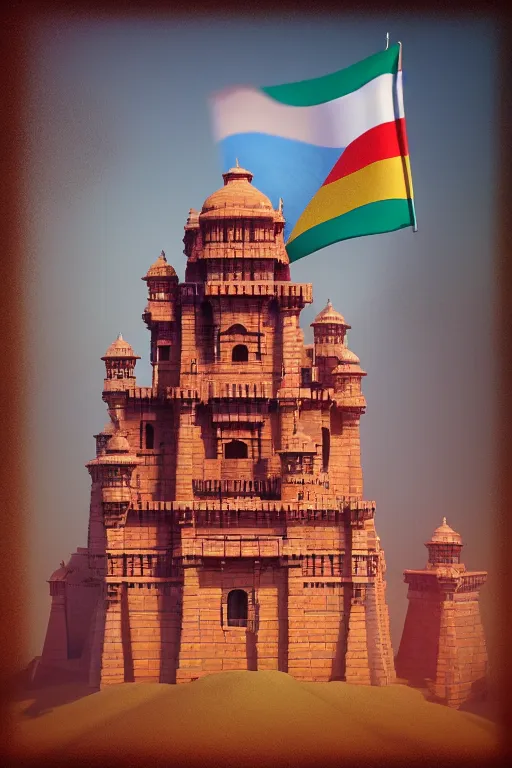 Prompt: indian flag on castle, 3 d, volumetric, photo by alexey kurylev clouds, octane, 3 d render, 3 ds max + vray, art by beeple, india, cinematic