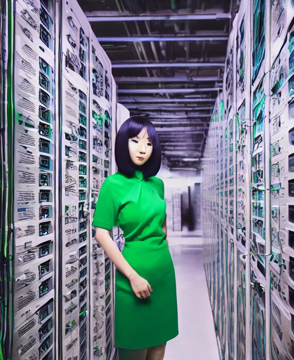 Image similar to asian girl, bobbed and bowl cut hair, pine green hair color, standing in a server room, wearing business casual dress, 4 k, vaporwave, cinecolor, perfect detail