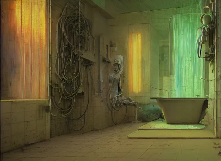 Image similar to A bathroom, neon, RGB, glowing wires everywhere, decay, by Edgar Maxence and Ross Tran, Zdzisław Beksiński, and Michael Whelan, distant, gustav dore, H.R. Giger, 8k, octane render
