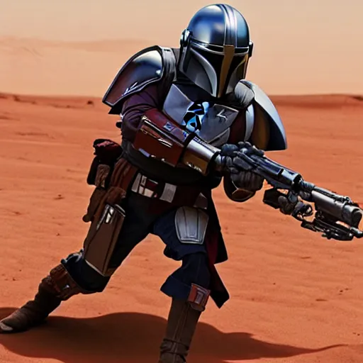 Prompt: the mandalorian fires his weapon sideways while flying over the mars desert