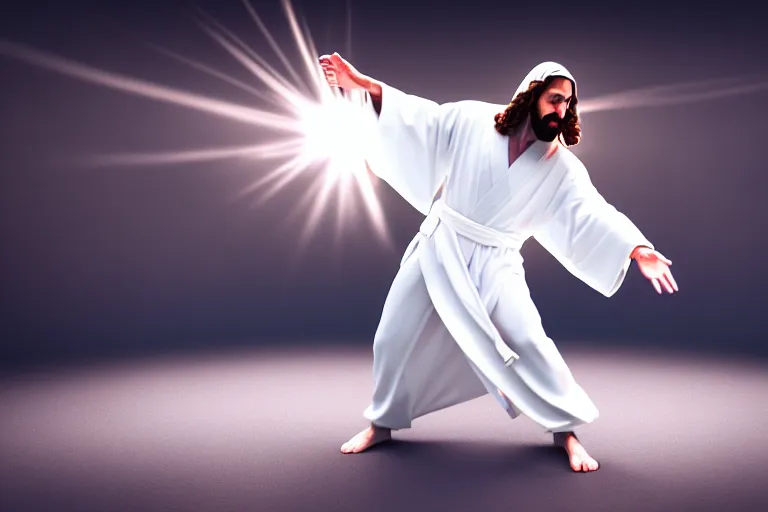 Image similar to jesus christ wearing a white robe strikes a dance pose in the apocalypse, intricate, hyper detailed, accent lighting, dramatic light, 4 k octane render