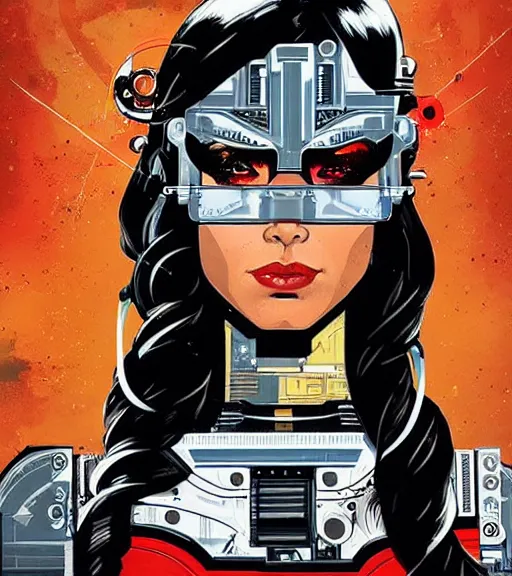 Prompt: portrait of a female cyborg, by MARVEL comics and Sandra Chevrier