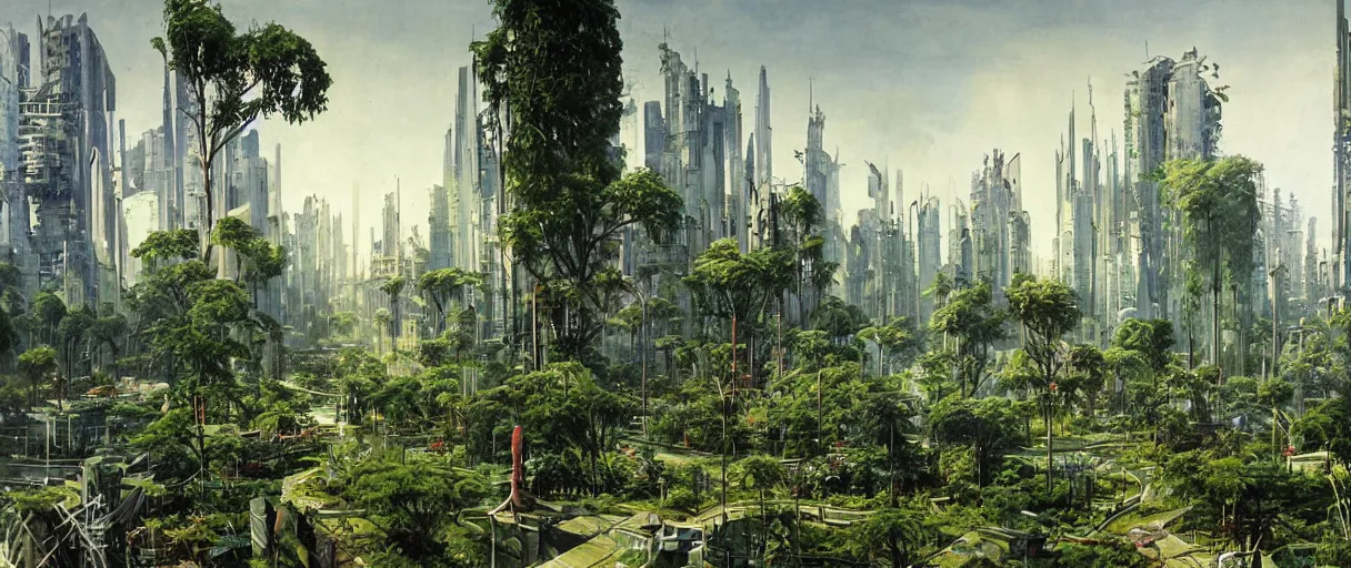 Image similar to matte painting of high tech city overgrown with plants, vincent di fate, masterpiece,