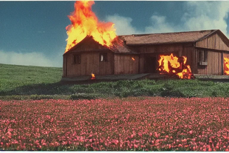 Image similar to vhs 1 9 8 0 s footage of a scene from the movie midsommar a - line shaped wooden building on fire, field of flowers