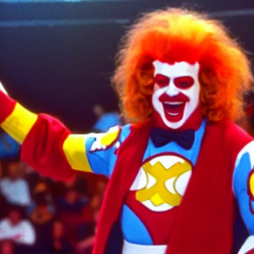 Image similar to A still of Ronald McDonald in WWE, 1990