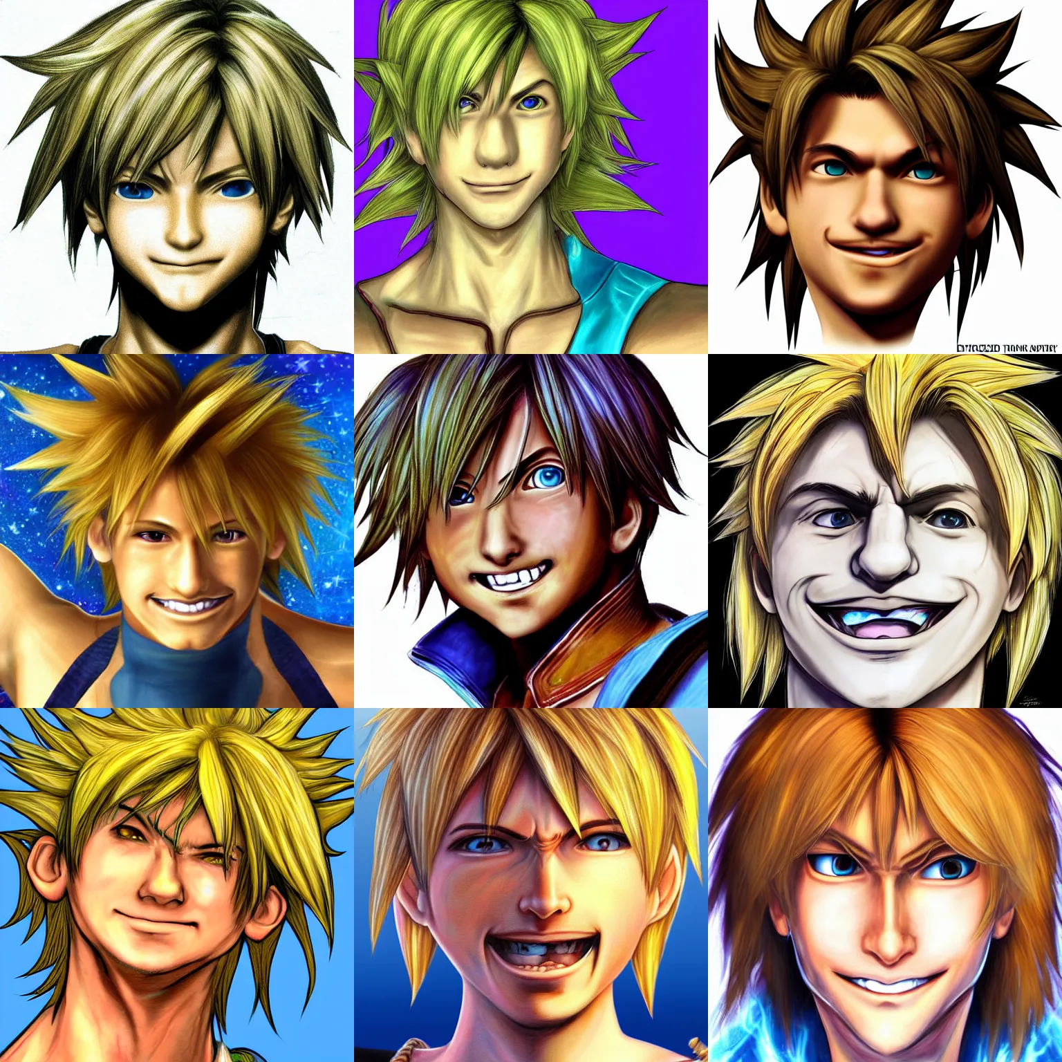 Prompt: distorted smiling tidus from ffx squished face portrait tiny face top of head looking down huge hair fisheye small face smiling terrible ugly deviantart