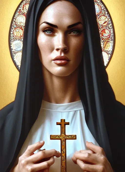 Image similar to portrait of megan fox as a sultry nun, catholic, church, bible, christian, intricate, headshot, highly detailed, digital painting, artstation, concept art, sharp focus, cinematic lighting, illustration, art by artgerm and greg rutkowski, alphonse mucha, cgsociety