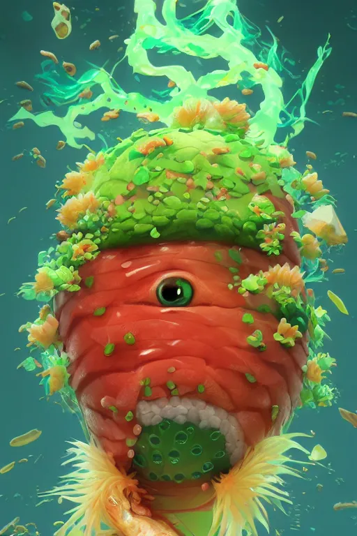 Image similar to 3 d render creature animal sushi cristal very big eye roots cactus elemental flush of force nature micro world fluo fishscale, comics gta 5 cover, official fanart behance hd artstation by jesper ejsing, by rhads, makoto shinkai and lois van baarle, ilya kuvshinov, ossdraws