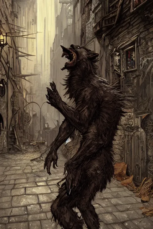 Image similar to a werewolf crouching in an alley, gothic, torn leather coat, intricate, elegant, dramatic lighting, ugly face, highly detailed, lifelike, photorealistic, digital painting, artstation, illustration, concept art, smooth, sharp focus, art by John Collier and Albert Aublet and Krenz Cushart and Artem Demura and Alphonse Mucha