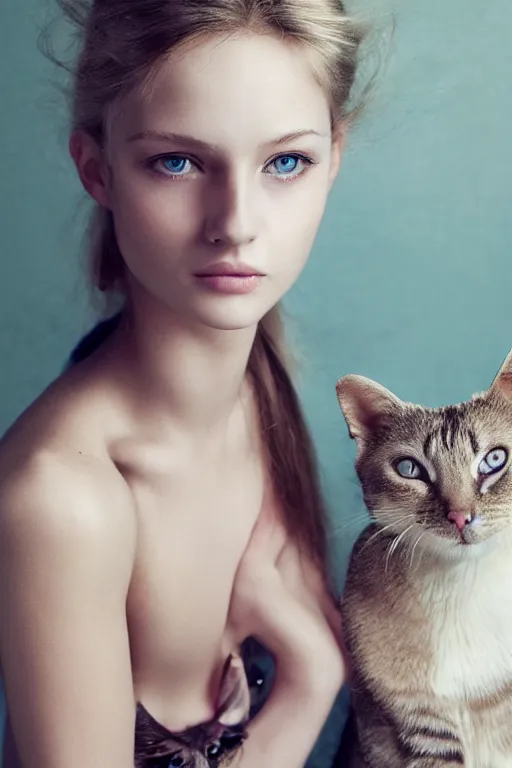 Prompt: photo realistic portrait of a blonde hair blue eyed teenage girl, sharp jawline seductive pose, Teary-eyed, makeup with a cat close to her. Photography portrait by Paolo Roversi