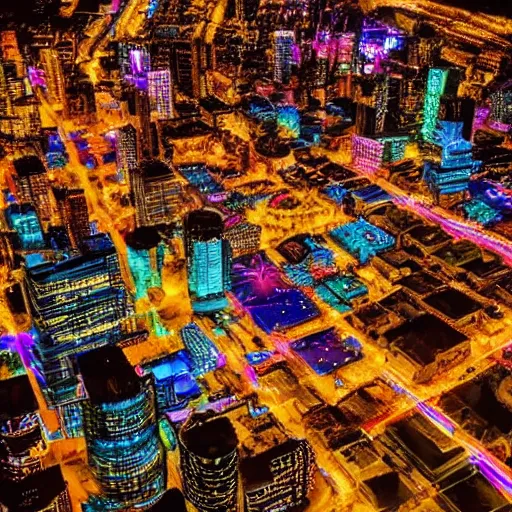Prompt: an aerial view of a city at night, photo by lisa frank, instagram contest winner, maximalism, glowing lights, vivid colors, circuitry