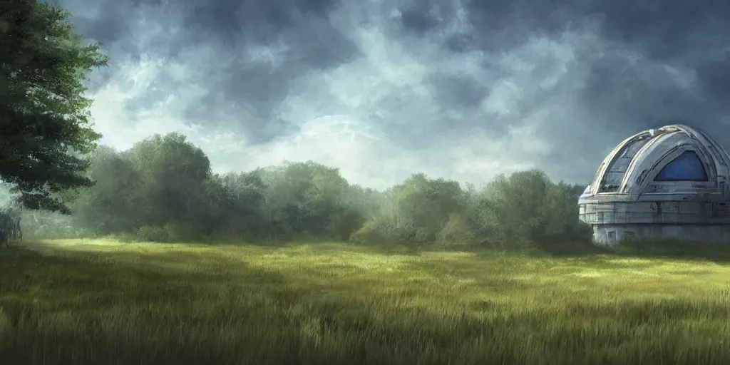 Image similar to large round sci-fi building, next to farm fields and trees, sense of hope, daytime and blue sky, digital art, art station, extremely detailed