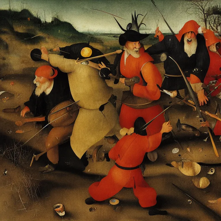 Image similar to The portrait of three half-men half-fish running away with gold from Grim Reaper who laughs and follow them, by Hieronymus Bosch and Pieter Bruegel inspired by Terry Pratchett, super detailed oil painting, hyper realistic faces, 4k, masterpiece