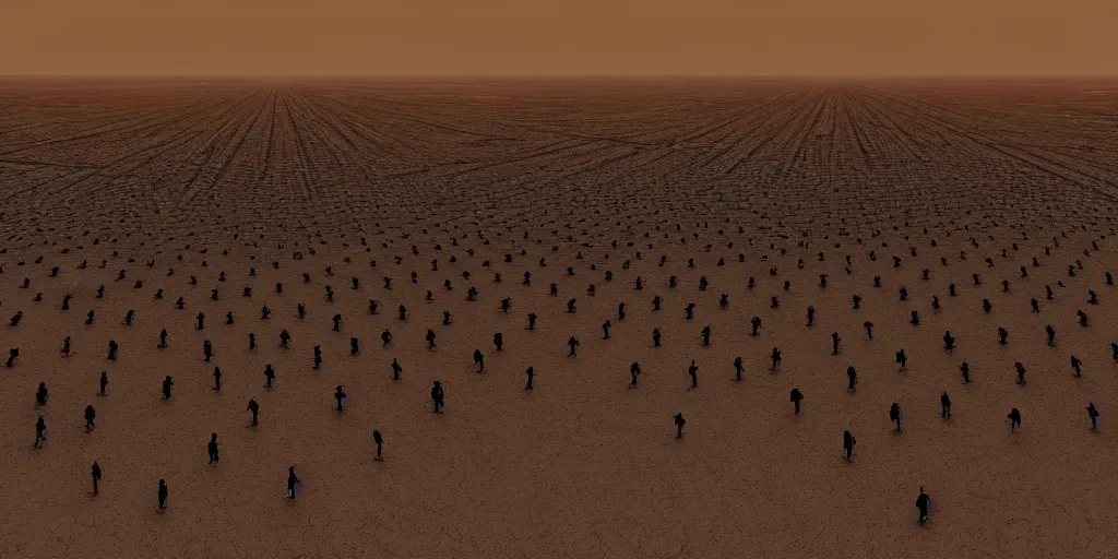 Image similar to an enormous alien black geometric rectangle in the desert, a large line of people are walking toward it in a line! starting at the foreground and ending at the building, single file, in the foreground on a rock is an alien creature catching a fly with its tongue, two suns are in the sky, clear skies, volumetric light, hyperdetailed, artstation, cgsociety, 8k