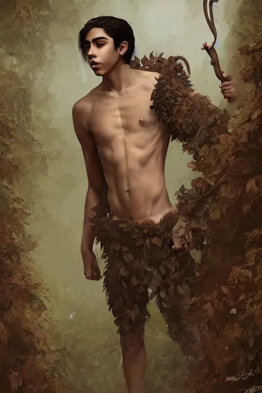 Prompt: Lorenzo James Henrie as a satyr full body portrait, seductive, sexy, leaves, intricate, digital painting, old english, sepia, whimsical background by marc simonetti, artwork by liam wong