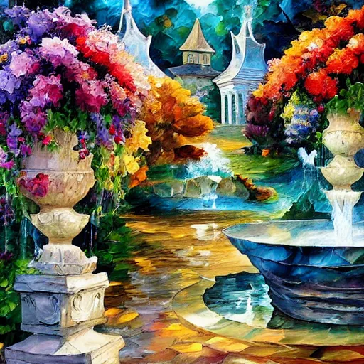 Image similar to flowers and fountains in valley village by arthur adams, charlie bowater, leonid afremov, chiho ashima, karol bak, david bates, tom chambers