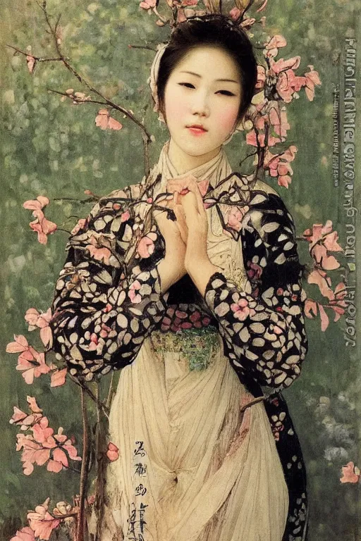 Image similar to close - up fashion asian woman portrait airy flowers sacura cloudy sky art by vasnetsov