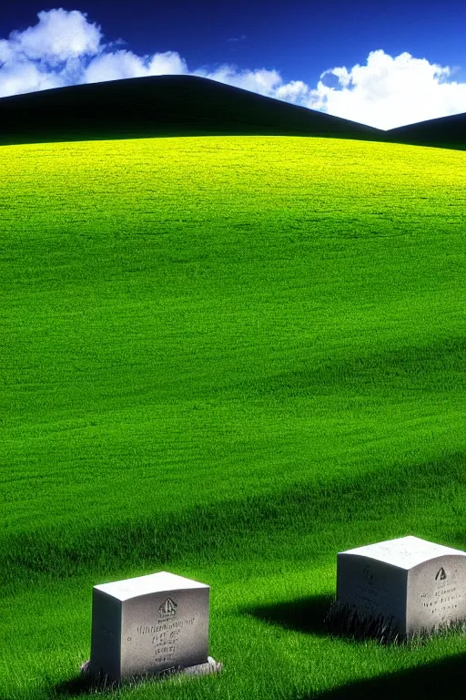 Prompt: windows xp bliss hills screensaver with a graveyard, with many gravestones