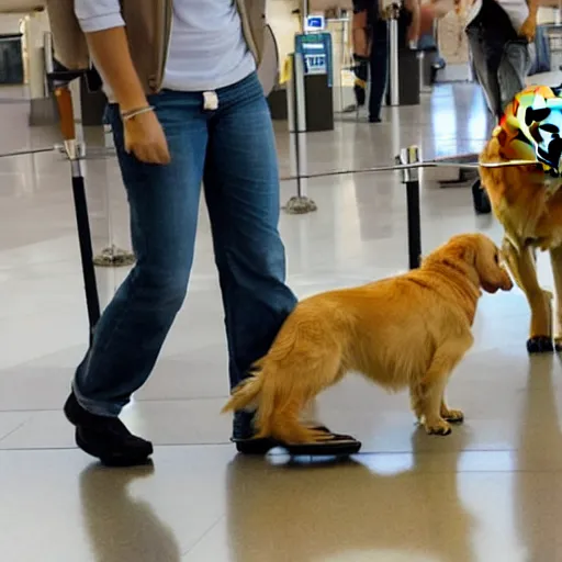 Prompt: eleven golden retriever dog in the airport