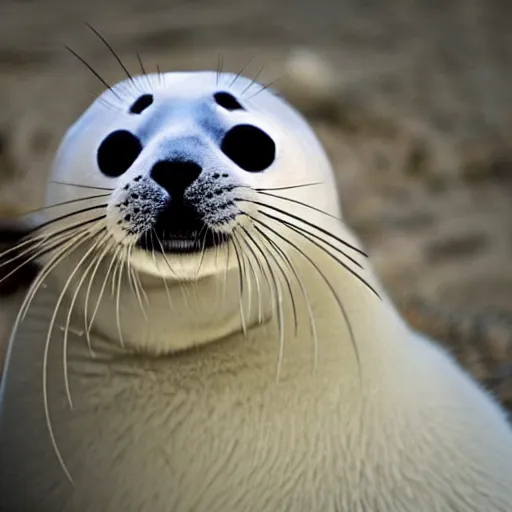 Prompt: photo of a harp seal with the face of a cat
