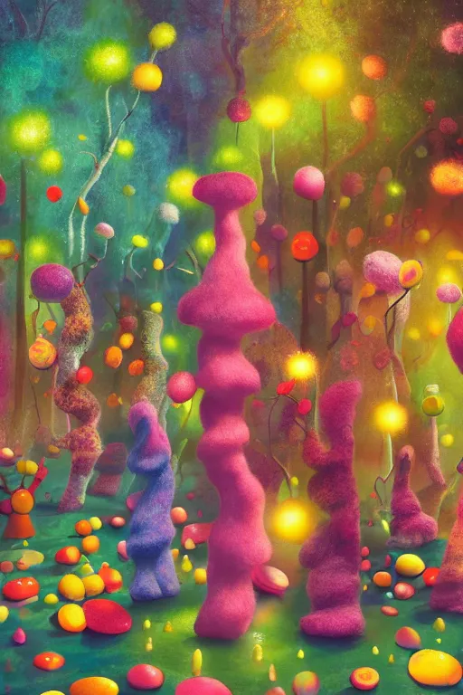 Image similar to a matte digital painting of a candy forest at night, bokeh, bright colours, watercolor, volumetric wool felting, macro photography, children illustration, by alex grey and goro fujita