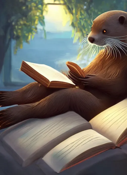 Image similar to cute Otter Student reading a book, unreal 5, concept art, trending on google