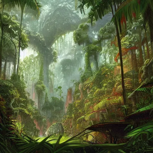 Image similar to Artwork of the Cinematic view of The Glittery Jungles by John Howe, Trending on artstation