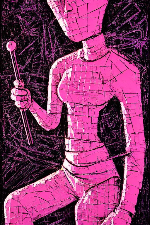 Image similar to dreamy rock girl, pink leather outfit, detailed acrylic, grunge, intricate complexity, by dan mumford and by alberto giacometti, peter lindbergh, malevich, william stout