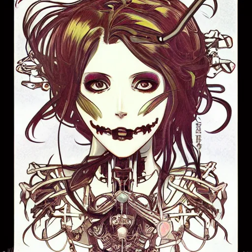 Prompt: anime manga skull portrait young woman hair cyborg robo mecha skeleton illustration style by Alphonse Mucha warhol pop art nouveau