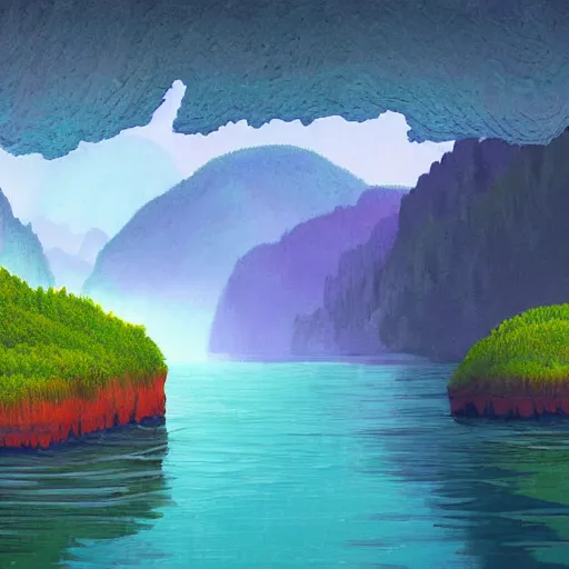 Prompt: digital painting of a lush natural scene on an alien planet by a. j. casson. ultra sharp high quality digital render. detailed. beautiful landscape. colourful weird vegetation. cliffs and water.