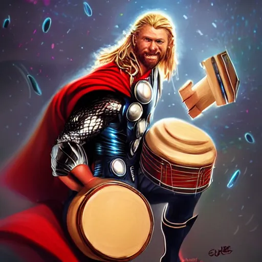 Image similar to thor playing the bongos, comic style by guweiz and stanley artgerm, extremely high quality artwork, very detailed, trending on artstation