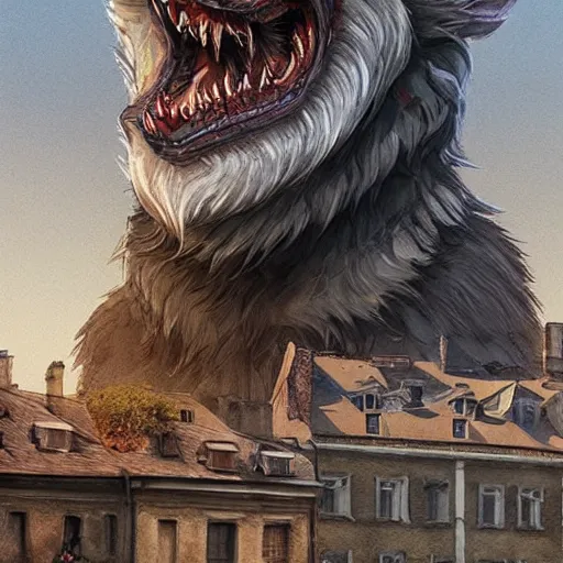 Prompt: werewolf sitting highly on lviv building, panorama, portrait, highly detailed, full body, digital painting, trending on artstation, concept art, sharp focus, illustration, art by artgerm and greg rutkowski and magali villeneuve