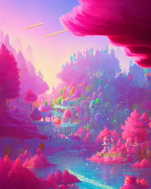 Image similar to candyland | a landscape made of candy and desserts, mountains river trees, cherry - blossoms | highly detailed | very intricate | fantasy whimsical magical | soft bright natural morning light | pixar | award - winning | matte painting by anton fadeev and paul lehr and rhads and alena aenami | pastel color palette | featured on artstation