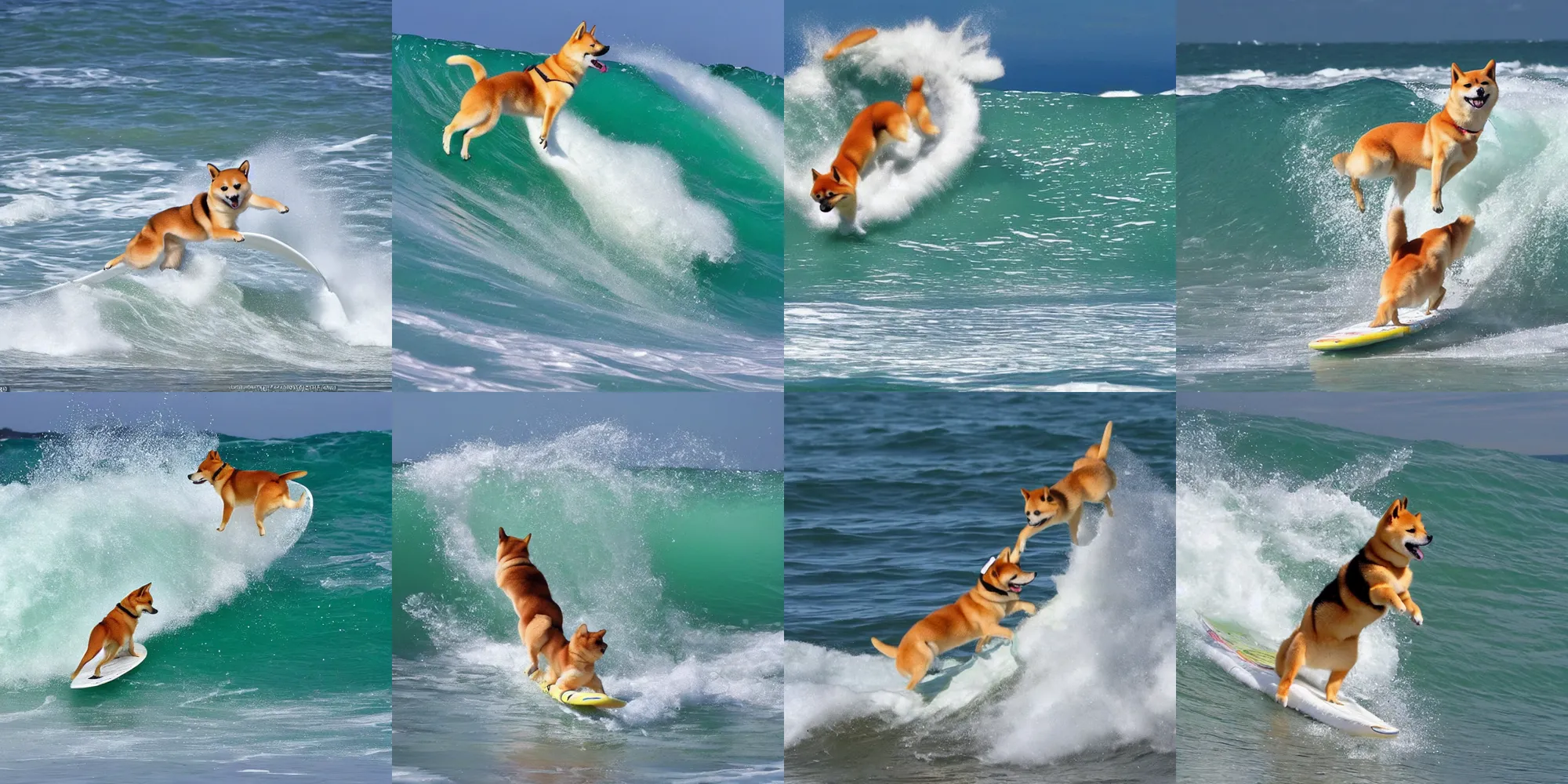 Prompt: a shiba inu surfboarding a giant wave, looking heckin cool and stylish, doing a sweet trick