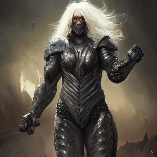 Image similar to an enormously muscular black - coated anthro horse wearing skintight armor, long white hair, high - tech facility background, highly detailed, digital painting, artstation, concept art, illustration, art by artgerm, greg rutkowski, wlop