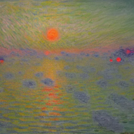 Image similar to painting of an alien invasion apocalypse in the style of Claude Monet