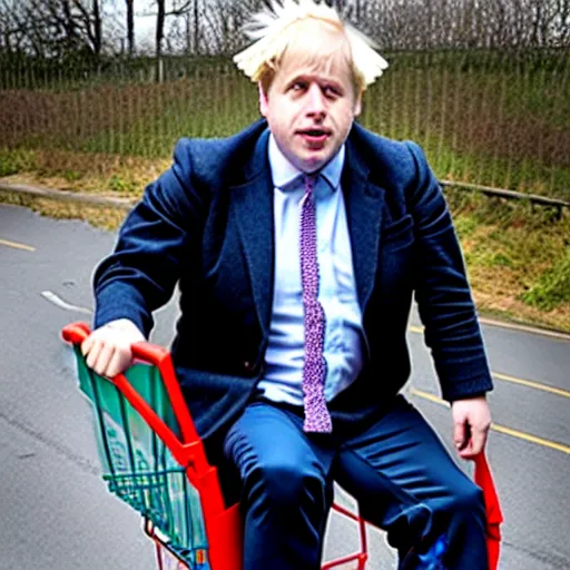 Prompt: Boris Johnson sitting inside a shopping-cart sliding down a very steep hill, anatomically correct, directed open gaze, symmetrical face