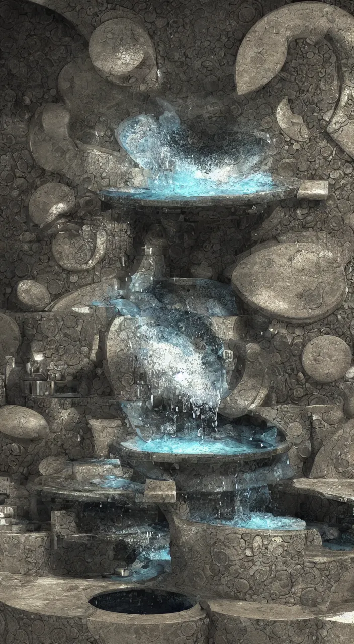 Image similar to a stream of water entering into a machine made from amphoras and producing a large coin, in the style of a futuristic fountain, architectural 3 d render, isometric, engineering, dynamic lighting, clay texture, 8 k