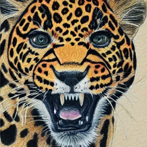 Prompt: colored pencil drawing of a happy leopard