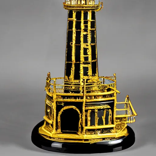 Image similar to an ornate lighthouse table statue, detailed with white and gold filagree and goldleaf decorative elements, sitting on a desk, painstaking detail, black lacquer, glossy shiny reflective, splashed with graffiti art