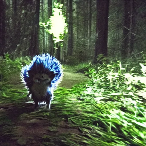 Image similar to midnight trail cam footage of a Sonic the Hedgehog in a dark forest, flash photo, grainy, motion blur