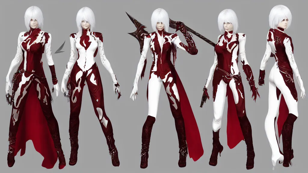 Prompt: devil may cry Dante's daughter character design sheet, female, white and gold outfit, dual sword wielding, intricate, trending on artstation