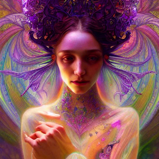 Image similar to An extremely psychedelic crystalline soul fairy, surreal, dramatic lighting, magic mushrooms, psilocybin, LSD, face, detailed, intricate, elegant, lithe, highly detailed, digital painting, artstation, concept art, smooth, sharp focus, illustration, art by Krenz Cushart and Artem Demura and alphonse mucha