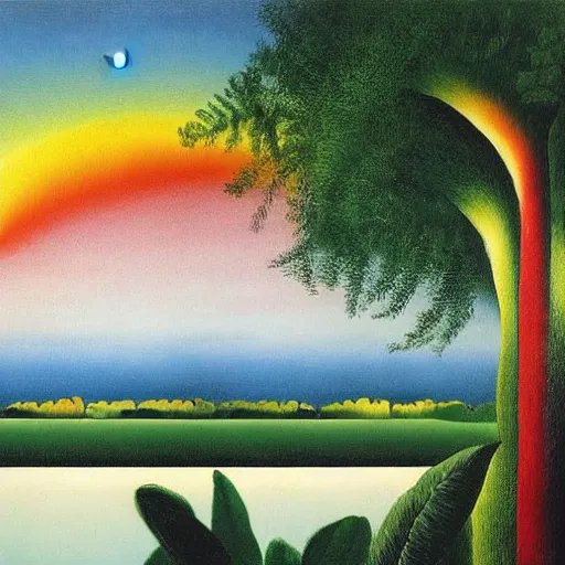 Image similar to Two Alicorns iwth rainbow wings flying over a lake, artwork by Henri Rousseau