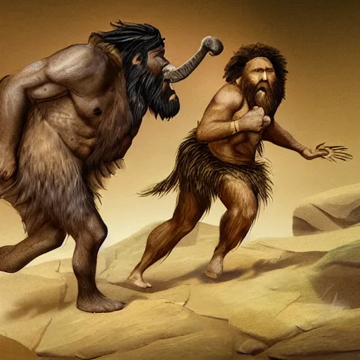 Prompt: a detail digital art of a caveman chasing a mammoth
