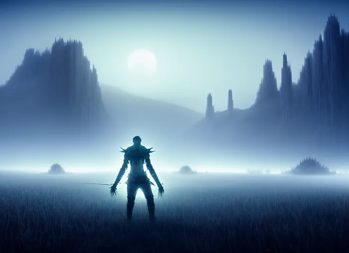 Prompt: photo of mildly glowing ygrdasil on a foggy grass field with hills and giant gates in the backgrkund. very detailed, 8k, fantasy cyberpunk horror