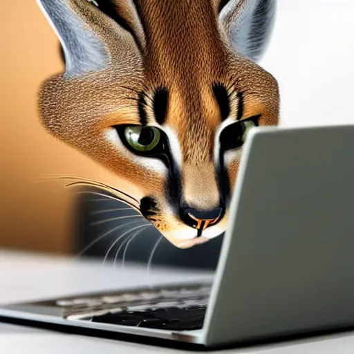 Image similar to cute caracal cat watching a laptop, realistic