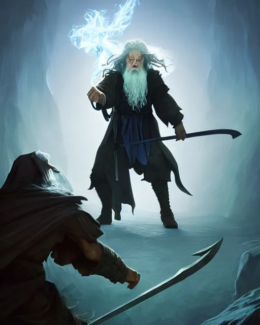 Image similar to gandalf fighting a monster with his magic, in a fantasy medieval land, d & d, fantasy, action pose, particle effects, digital painting, concept art, matte, sharp focus, volumetric lighting, illustration, hearthstone, artgerm, moebius, wlop, craig mullins, alphonse mucha